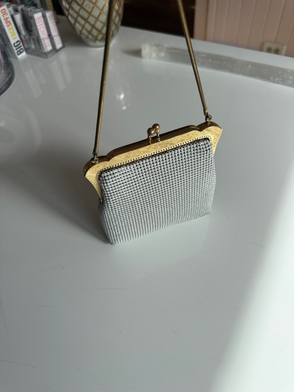 Oroton White Beaded Evening Clutch with Gold Frame - Picture 9 of 12